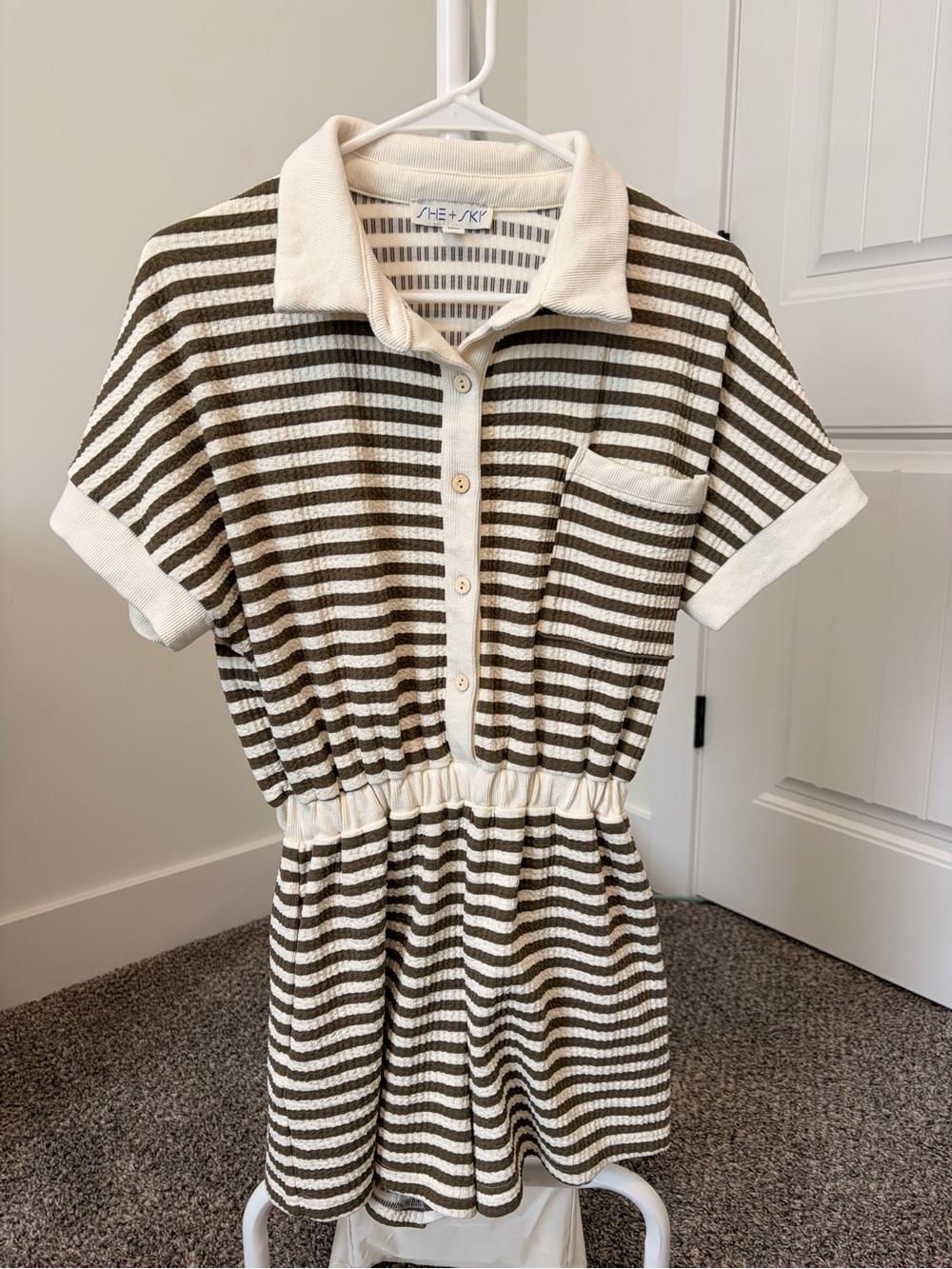 She + Sky Cream Sweater with Black Stripe Detail